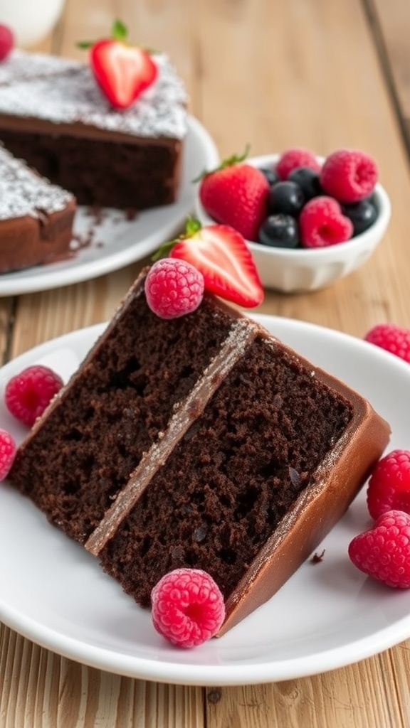 A slice of healthy chocolate cake garnished with berries on a rustic table.